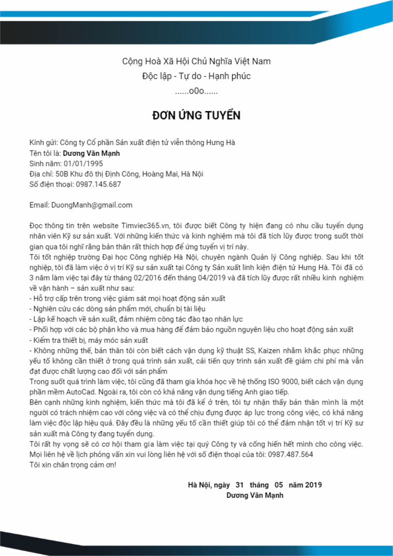 Cách viết đơn xin việc sản xuất - vận hành
