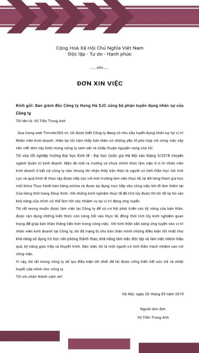 nội dung chính của đơn xin việc cho sinh viên mới ra trường 