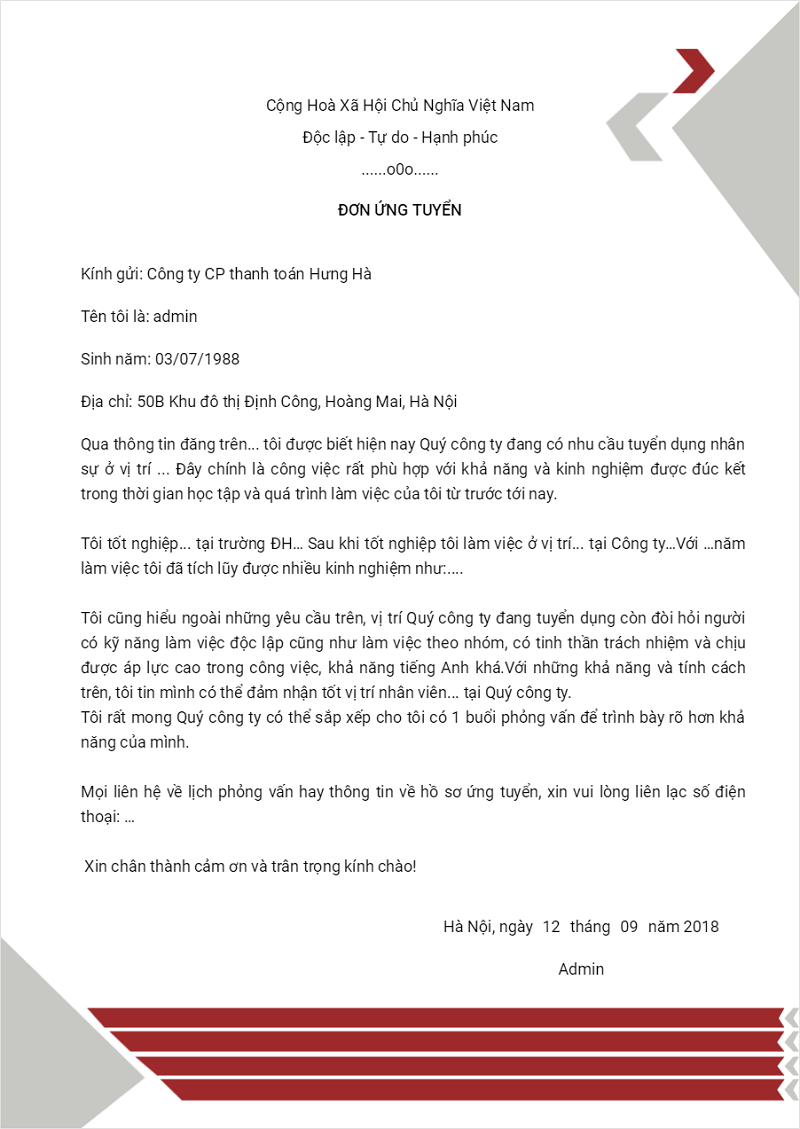 đơn xin việc mẫu