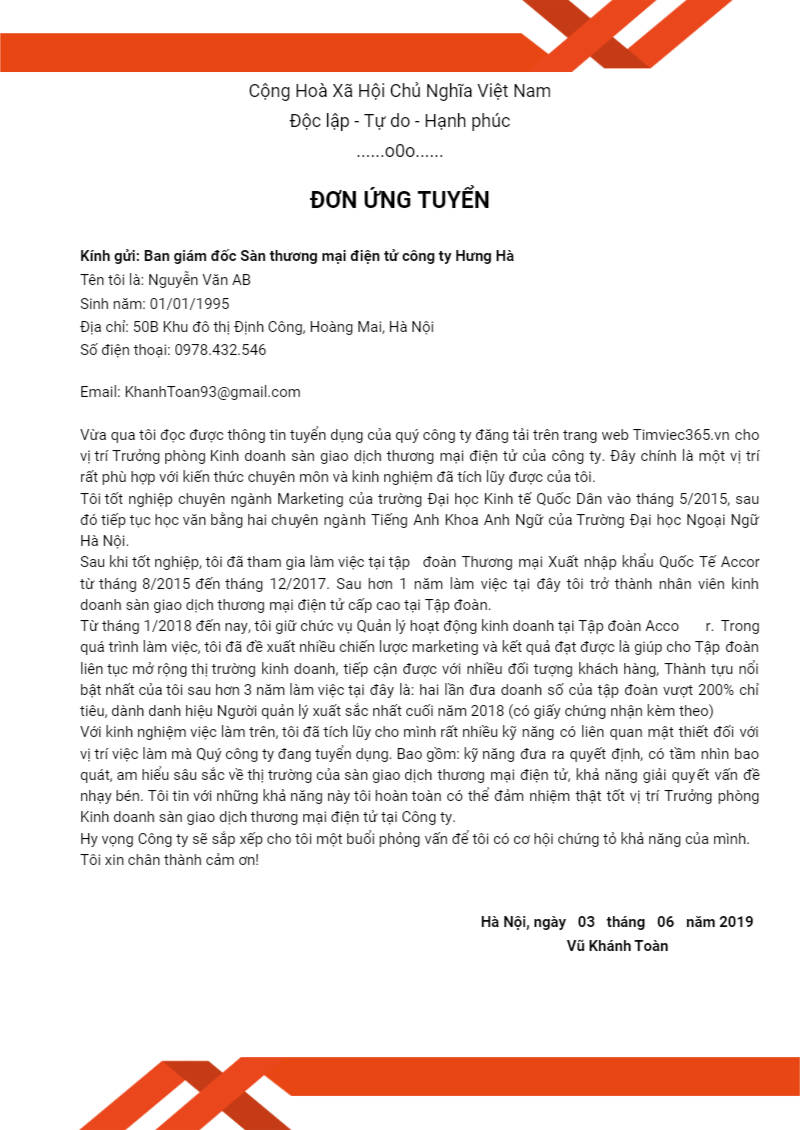 đơn xin việc thương mại điện tử timviec365.vn