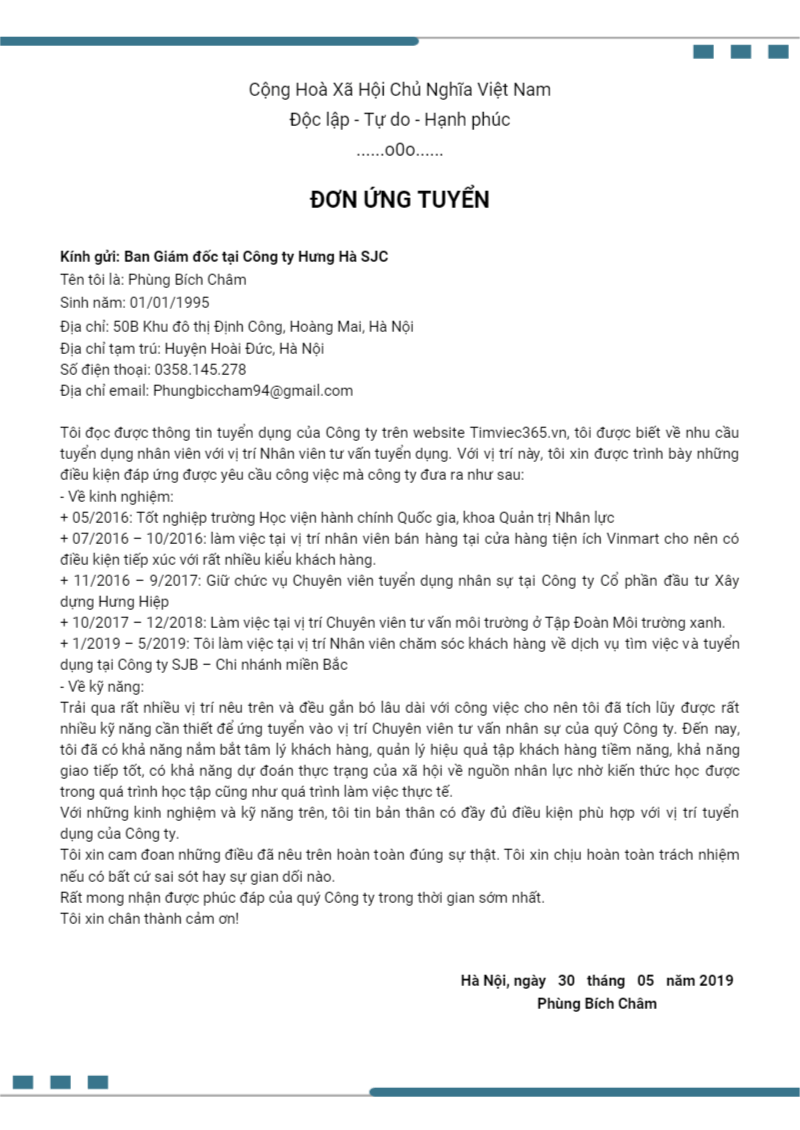 đơn xin việc tư vấn