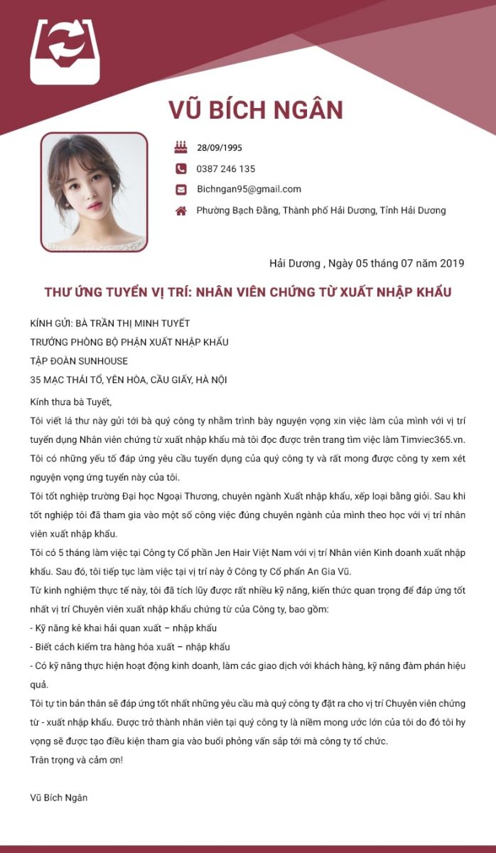 Thư xin việc ngành xuất nhập khẩu chuẩn nhất