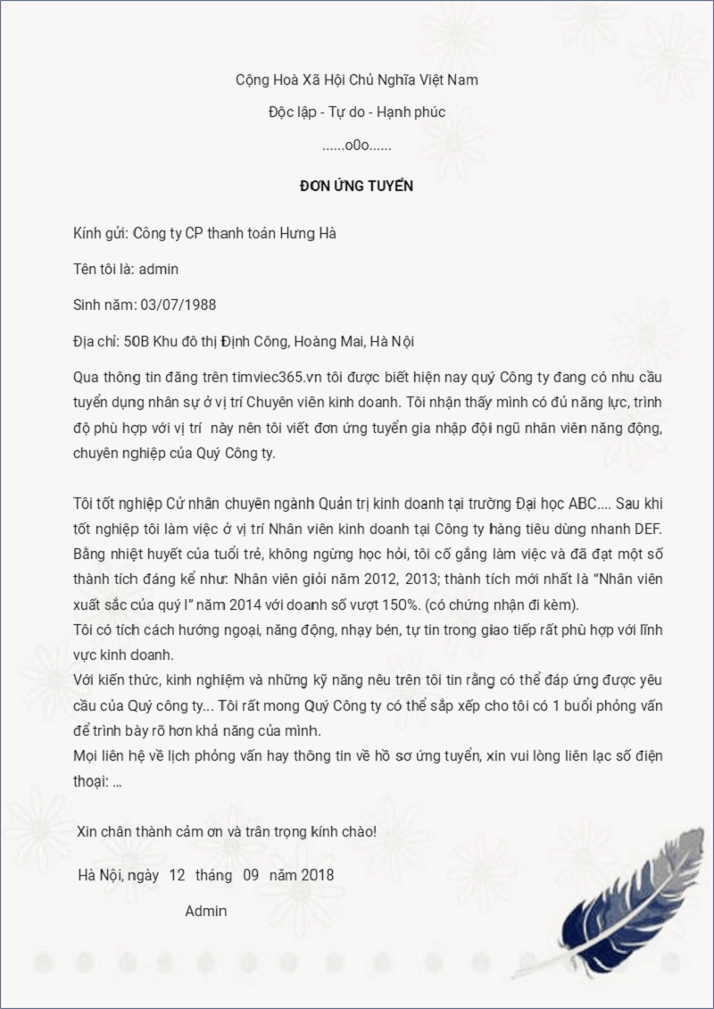 đơn xin việc mẫu