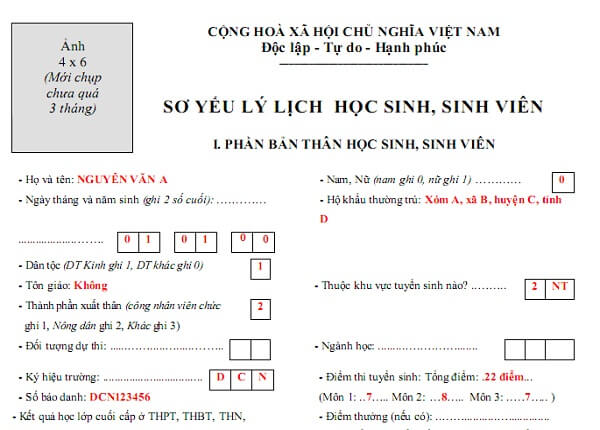 Sơ yếu lý lịch học sinh sinh viên