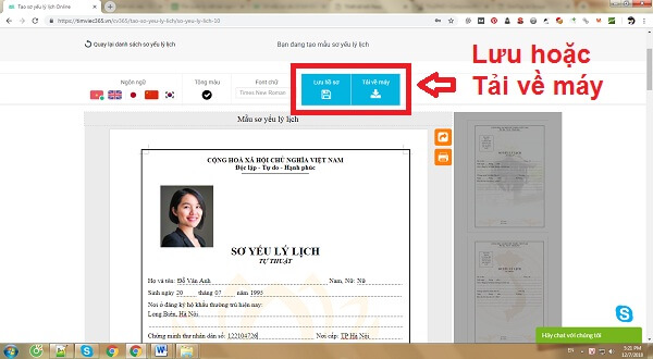 Tạo và tải sơ yếu lý lịch online trên Timviec365.vn