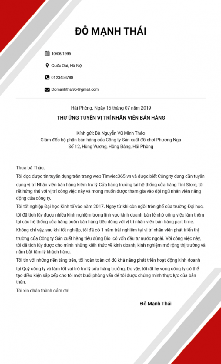 thư xin việc ngành bán hàng 