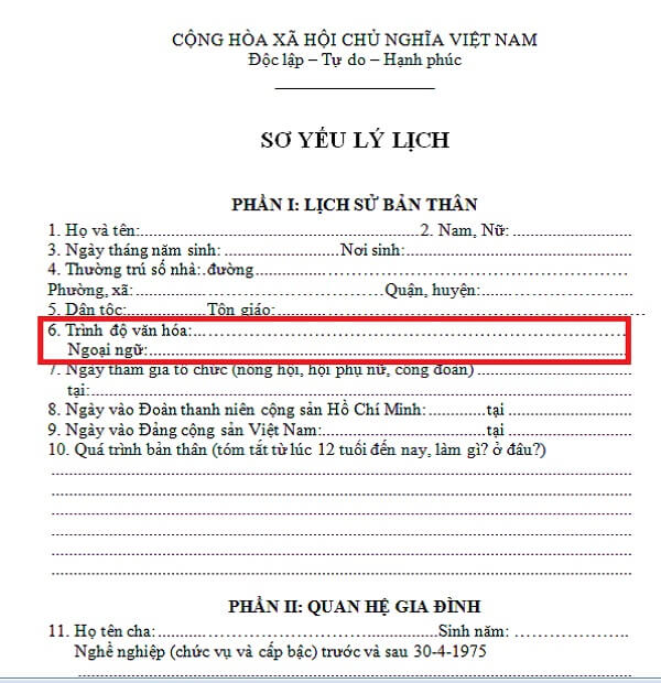 Trình độ văn hóa trong sơ yếu lý lịch