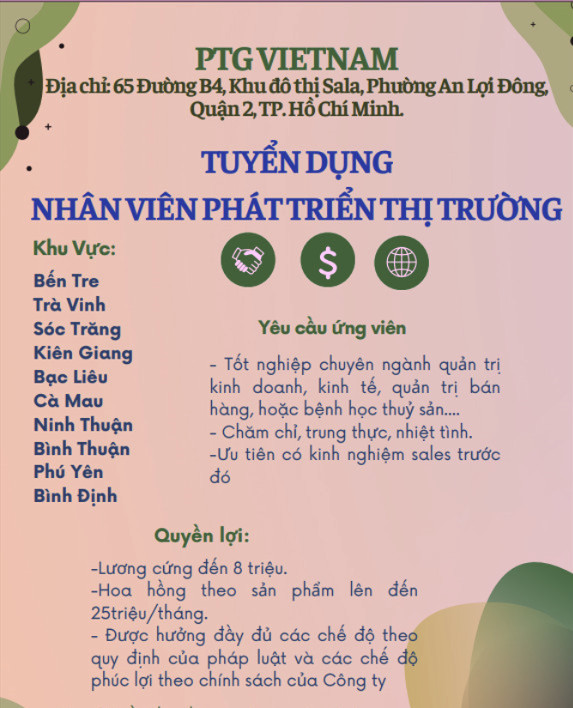 Tuyển dụng Nhân Viên Kinh Doanh Phát Triển Thị Trường Thuốc Thủy Sản tại Công Ty Trách Nhiệm Hữu Hạn Ptgmaterial Viet Nam