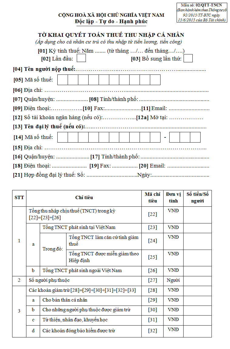 Mẫu số 02/QTT-TNCN ban hành kèm theo Thông tư số 92/2015/TT-BTC