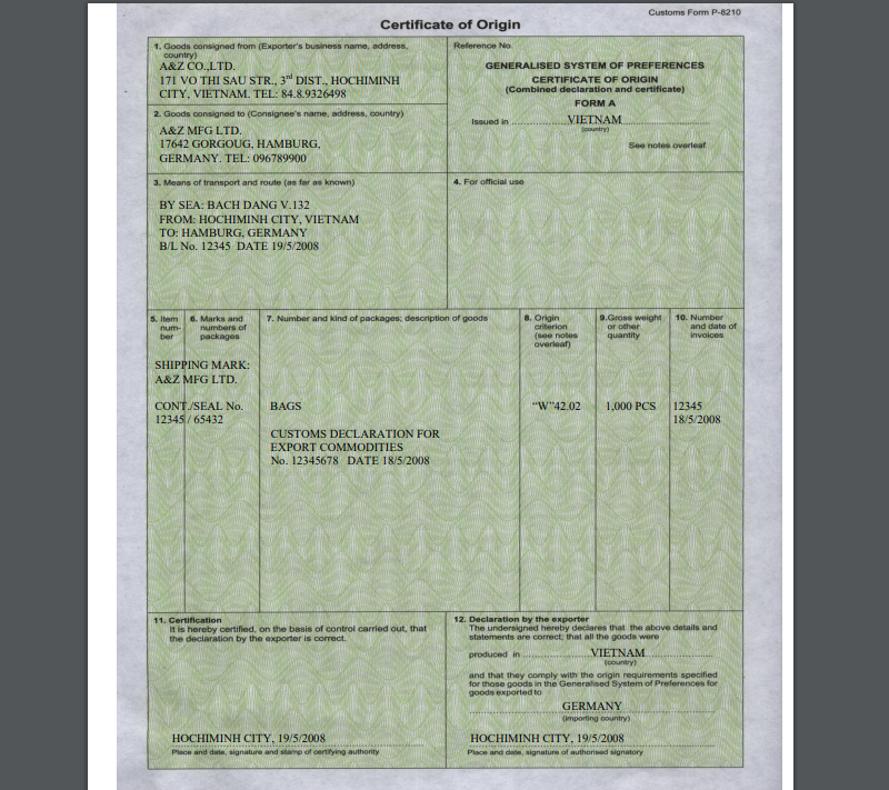Mẫu giấy chứng nhận xuất xứ CO
