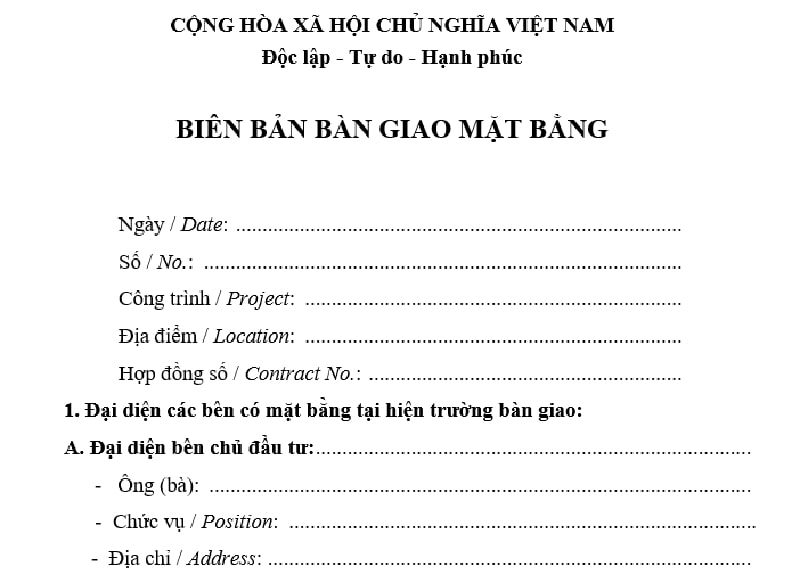 Biên bản bàn giao mặt bằng sử dụng với mục đích gì?