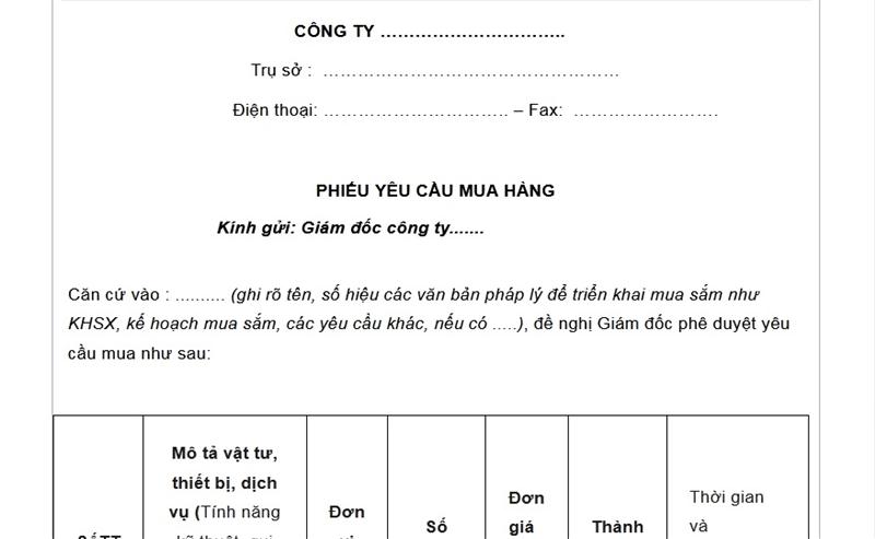 Nội dung của phiếu yêu cầu mua hàng