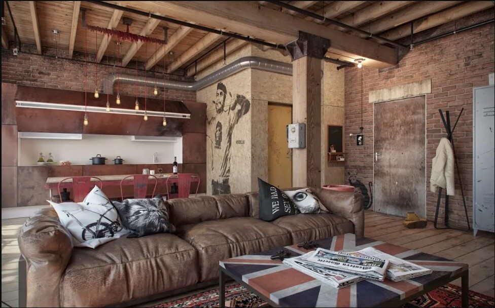 Bộ sofa bằng da là một nét đặc trưng của ngôi nhà có phong cách industrial
