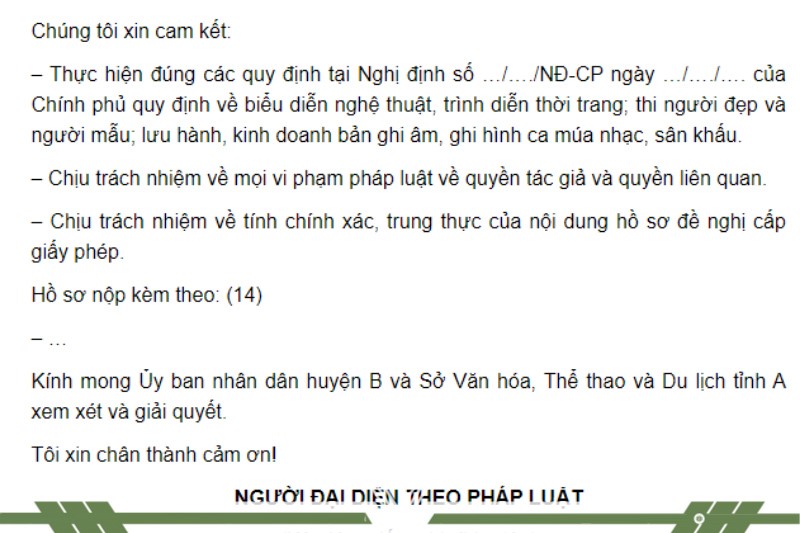 Cam kết trong đơn xin phép tổ chức sự kiện