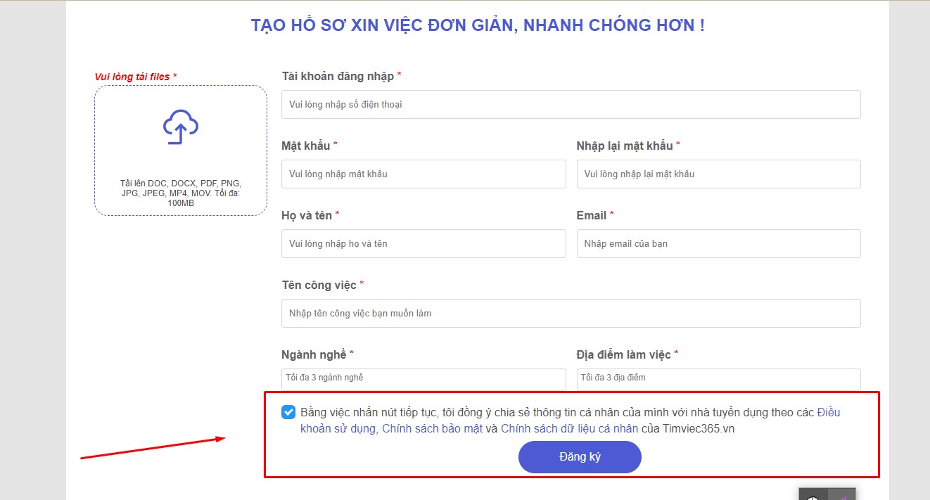 Người dùng đồng ý chia sẻ thông tin khi nộp hồ sơ