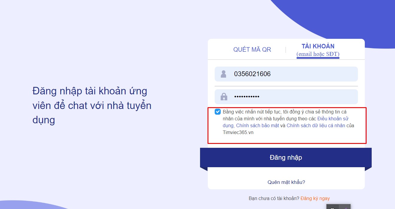 Nhà tuyển dụng đồng ý chia sẻ thông tin cá nhân khi đăng nhập
