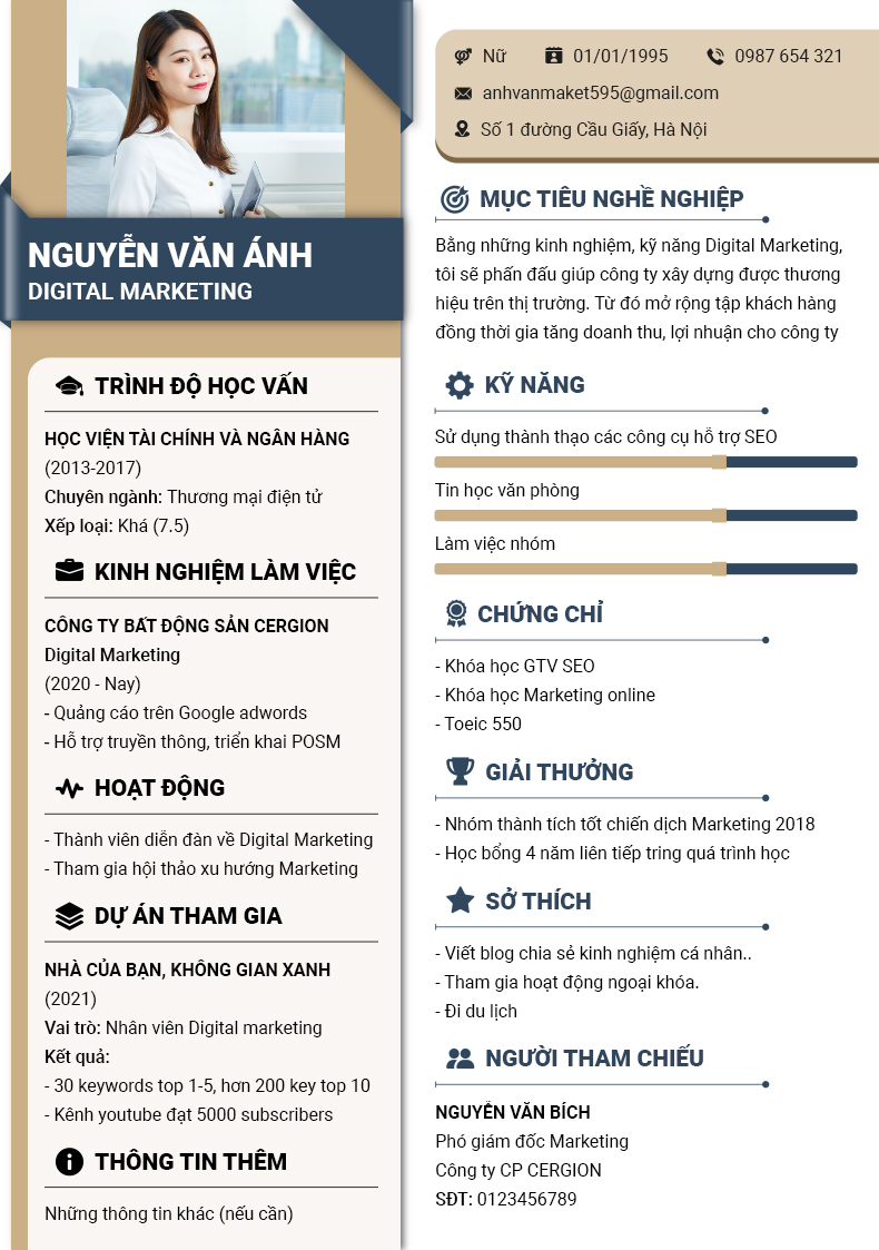 Mẫu CV Digital Marketing cơ bản, trình bày rõ ràng kinh nghiệm và kỹ năng Digital Marketing