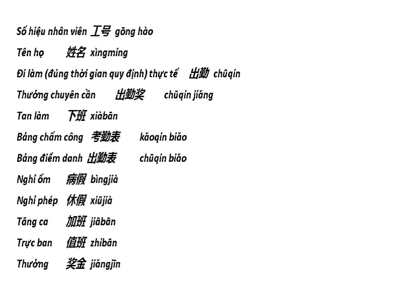 Một số từ vựng cần biết trong bảng chấm công tiếng Trung