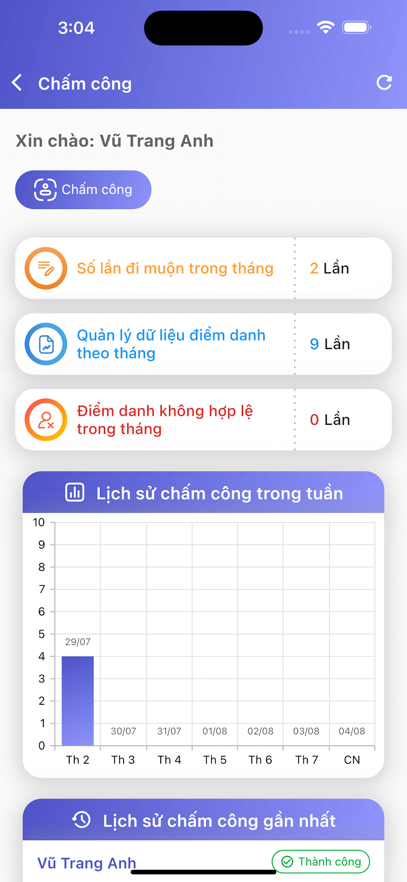 Ghi chép lịch sử chấm công tạI app Chấm Công 365