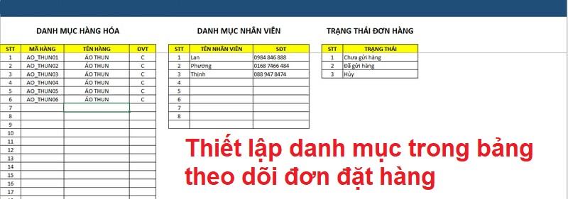 Thiết lập các danh mục cần thiết