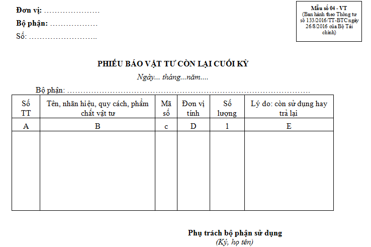Phiếu báo vật tư còn lại cuối kỳ mới nhất - Tải miễn phí!